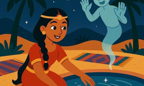 Leila, a joyful serene woman with a smiling face, bright almond eyes, caramel skin and long braided black hair threaded with gold beads, sits at the edge of a shimmering spring with one hand touching the glinting water; behind her floats Amir, a mischievous translucent spirit-boy of about 12 with wiry features and a surprised smile, leaning toward the spring with raised hands; the scene is a nocturnal oasis of graphic palm leaves, soft dunes and colorful rugs around the round spring beneath a silver full moon, as Leila soothes the spirit with a calm dance, the water spiraling in silver sparkles and the mood peaceful and hopeful.