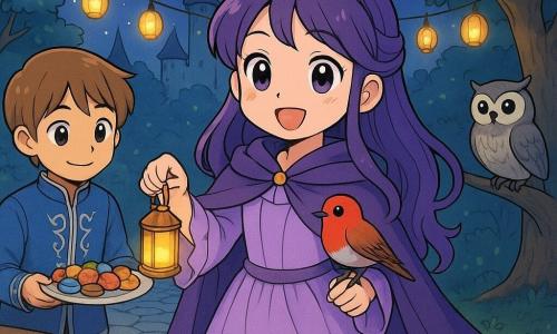 The princess (girl, about 8–10) stands center, smiling, with long purple hair and a thin gold crown, wearing a lilac ruffled dress and purple cape, holding a small golden lantern and looking at guests; the prince (boy, about 9–11) is left, light brown hair, gentle smile, blue jacket with silver embroidery, offering a plate of sweets at a large rustic wooden table; a small red bird (Mr. Robin) perches on the princess’s arm, bright feathers and mischievous eyes; a wise female owl sits on a low oak branch at the back right, gray speckled feathers and calm round eyes; the scene is a stone-paved castle courtyard with a table of colorful cakes and bowls of fruit, hanging lantern garlands and glowing trees, a soft night sky with a silver moon and twinkling stars and an enchanted forest backdrop; warm, welcoming atmosphere, saturated pastels and warm lantern light contrasting with night blue, simple rounded manga style with soft features for toddlers.