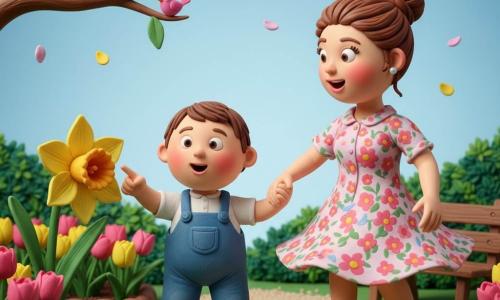 A joyful, amazed 2-year-old boy with short brown hair in blue overalls gently touches a large yellow daffodil while his smiling, caring mother in her 30s, hair in a bun and wearing a floral dress, holds his right hand and spins; behind them a small colorful public garden with green lawn, pink tulips and yellow daffodils, a path and a bench, colorful birds singing on a high branch and floating petals; bright spring scene with visible modeling‑clay textures, vivid colors, soft shapes, and a calm moment of discovery and dance.