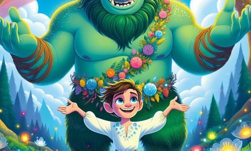Um grande troll de pele verde-esmeralda, com olhos doces e redondos, está no centro da cena, sorrindo calorosamente. Seus braços musculosos estão abertos, como se estivesse recebendo um amigo, e ele usa um cinto feito de cipós e flores coloridas. Ao seu lado, um garoto de 10 anos, Lucas, com cabelos castanhos bagunçados e um olhar brilhante de excitação, levanta os braços para o alto, como se estivesse prestes a voar. Ele veste uma túnica azul adornada com padrões de nuvens. O cenário é uma clareira encantada, cercada por flores luminosas que cantam suavemente com o vento, com árvores de troncos dourados e folhas brilhantes. O céu é de um azul vibrante, salpicado de nuvens fofas, e um arco-íris vibrante atravessa o fundo. A cena principal mostra Lucas e o troll Tork dançando alegremente no meio da clareira, celebrando sua amizade e a magia ao redor, enquanto pequenas estrelas cintilam ao seu redor, adicionando um toque de encantamento.