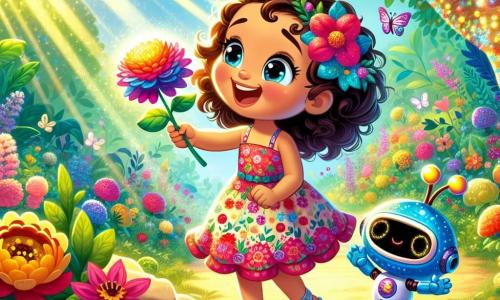 Em um jardim secreto iluminado, uma menina de 6 anos, Lila, com cabelos cacheados e olhos brilhantes, sorri maravilhada segurando uma flor colorida nas mãos. Ela veste um vestido estampado de flores e sandálias brilhantes, e seu rosto expressa uma alegria contagiante. Ao seu lado, seu amigo robô, Robi, um pequeno robô azul com um grande sorriso e olhos cintilantes, a incentiva entusiasticamente, levantando uma mão para cumprimentar as flores. Robi está em uma pequena pedra, ligeiramente à frente de Lila, pronto para ajudá-la. O jardim secreto é um lugar mágico, cheio de flores dançantes em cores vivas, borboletas multicoloridas e árvores com troncos brilhantes, sob um céu azul radiante. Raios de sol filtram através das folhas, criando uma atmosfera de conto de fadas. Nesta cena, Lila e Robi descobrem a magia da alegria dançando juntos para reanimar as flores tristes do jardim, cercados por cores vibrantes e luz, ilustrando a importância da amizade e da aventura.