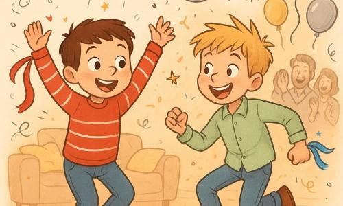 Two boys, about 9: on the left a freckled boy with short brown hair in a red-and-white striped sweater and blue pants, jumping on tiptoe with arms raised and a red sparkly ribbon on his wrist; on the right a messy blond-haired boy with green eyes in a light green shirt and jeans, laughing and doing an exaggerated robot dance step with a blue sparkly ribbon on his wrist. In a cozy living room turned small dance floor—light wood parquet, garlands, silver and gold balloons, a pillow fort and a small foil disco ball—warm light and confetti fill the air as they celebrate New Year’s at midnight, dancing with glowing ribbons while blurred parents applaud, the scene full of movement, vivid color, wonder and friendship.
