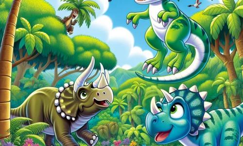 Un velociraptor numit Roxy, cu pene colorate de verde și albastru, își exprimă o mare bucurie sărind în aer, cu ochii strălucind de fericire. Lângă ea, un Triceratops numit Tico, cu pielea verde închis și trei coarne majestuoase, zâmbește uitându-se la ea, pregătit să înceapă o nouă aventură. În fundal, un Brachiosaurus numit Bella, cu un gât lung și pielea bej, observă scena, amuzată, stând aproape de un copac mare. Scena se desfășoară într-o junglă luxuriantă, plină de frunziș dens, flori colorate și un cer albastru strălucitor. Roxy și Tico se joacă de-a v-ați ascunselea după copaci, în timp ce Bella îi încurajează să se distreze, creând o atmosferă veselă și prietenoasă.