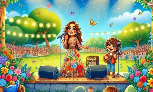 Uma mulher chamada Sofia, na casa dos trinta anos, com longos cabelos ondulados e um vestido colorido, está no palco, um grande sorriso iluminando seu rosto, enquanto canta com paixão em um microfone. Ao seu lado, um menino chamado Tomás, de 8 anos, com cabelos cacheados e olhos brilhantes, segura um pequeno ukulele, olhando para Sofia com admiração e empolgação. O cenário é um parque ensolarado, cheio de flores coloridas e árvores verdes, com um público alegre sentado em cobertores, aplaudindo e sorrindo. A cena é decorada com luzes, criando uma atmosfera festiva e acolhedora. Sofia e Tomás cantam juntos uma canção alegre sobre amizade e música, enquanto o público os incentiva com sorrisos e aplausos, preenchendo o ar com felicidade e magia musical.