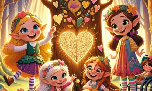 Patru fete vesele stau sub un copac mare cu frunze în formă de inimă, într-o pădure magică luminată de o rază de soare aurie. Mara, o fetiță de 8 ani cu părul blond strălucitor și ochi jucăuși, zâmbește ținând o mare carte în formă de inimă. Lângă ea, Ioana, o fetiță de 9 ani cu părul brun și ochelari colorați, poartă șosete în dungi și decorează o ramură mică cu mini-sosii din hârtie. Ruxi, o fetiță de 7 ani cu părul creț și un râs contagios, ține o floare care cântă, în timp ce Lia, o fetiță de 10 ani în scaun cu rotile, zâmbește larg și scrie glume pe hârtii colorate. Locul este o poiană fermecată, înconjurată de copaci majestuoși cu trunchiuri groase și frunze strălucitoare, unde creaturi magice, precum elfi și spiridoni, dansează în jurul lor. Razele soarelui filtrează prin crengi, iluminând scena cu o lumină caldă și veselă. Fetele creează un „Copac al Prieteniei”, decorat cu cadouri colorate și mesaje de dragoste, în timp ce prieteni animale și creaturi din pădure se adună în jurul lor, râzând și celebrând magia prieteniei și a Zilei Îndrăgostiților.