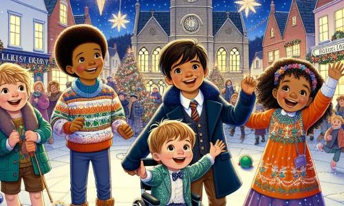 In een levendig dorp staan vier kinderen in het midden van een plein dat versierd is voor Oud en Nieuw. Bas, een 10-jarig jongetje met bruin haar en sprankelende ogen, glimlacht breed terwijl hij een grote papieren ster vasthoudt. Rechts van hem zit Marcus, een 11-jarige jongen in een rolstoel met blond haar en een bril; hij kijkt enthousiast naar de scène voor hem. Links staat Lena, een 9-jarig meisje met krullend haar en een kleurrijke jurk, die vol energie met meerkleurige ballonnen zwaait. Tot slot houdt Sam, een 10-jarig jongetje met zwart haar en sproeten, een glinsterende slinger vast en lacht hij met zijn vrienden. Het plein is verlicht met fonkelende lichtjes en versierd met papieren sneeuwvlokken die aan de bomen hangen. Op de achtergrond staat een grote kerk met een klok die middernacht slaat, terwijl vuurwerk de sterrenhemel verlicht en een feestelijke, magische sfeer creëert. De kinderen bereiden zich voor om Oud en Nieuw te vieren door papieren sterren aan te steken en ballonnen de lucht in te gooien, omringd door gelach en vreugde, wat de hoop en beloftes van een nieuw jaar vol avonturen symboliseert.