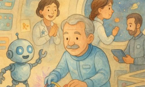 Un hombre de unos 60 años, pelo gris y bigote redondeado, rostro sereno, viste un pequeño traje espacial azul pálido y repara una pared de la lanzadera con un cable rojo y uno amarillo; a su lado salta Lilo, un niño robot pequeño y redondo de cuerpo metálico brillante y ojos-lámpara azules, que tiende una pequeña llave con alegría; la capitana Mar (unos 40 años) con chaqueta blanca y estrellas aplaude suavemente junto a una gran pantalla, la piloto Luz (unos 30 años) con trenzas mira por la ventana redonda sonriendo y con la mano en una palanca, y el ingeniero Paco (unos 35 años) con barba ligera y mono gris observa instrumentos y sostiene una tableta junto a la mesa de herramientas; el interior cálido de la lanzadera Brillo tiene paredes crema redondeadas, paneles de control coloridos, una gran ventana con planetas multicolores y estrellas, cajas de herramientas y pegatinas; la escena principal muestra la reparación de la burbuja protectora: el hombre conecta los cables y suaves chispas y una luz rosa-azulada reparan la burbuja mientras el grupo se reúne en una atmósfera segura y colaborativa.
