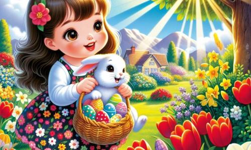 Una niña de 4 años, con largos cabellos castaños y ojos brillantes de alegría, está buscando huevos de Pascua en un jardín soleado. Lleva un bonito vestido colorido con motivos de flores y una pequeña cesta de mimbre en sus brazos, llena de huevos de colores. A su lado, un pequeño conejo blanco con orejas largas, con un aire curioso, la ayuda en su búsqueda. El jardín está lleno de flores brillantes, tulipanes rojos y narcisos amarillos, con un gran árbol verde al fondo. El cielo es azul y soleado, salpicado de algunas nubes blancas y esponjosas. La escena muestra a la niña y al conejo descubriendo un huevo de Pascua brillante escondido detrás de una flor, con destellos de luz que iluminan el huevo, creando una atmósfera mágica y alegre.