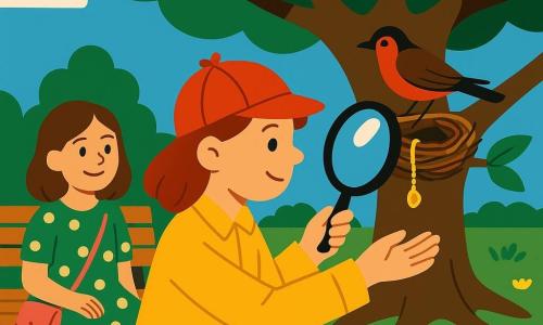 Lisa, 6 jaar, glimlachend en geconcentreerd, draagt een rode detectivepet, een gele jas met zakken en houdt met één hand een grote vergrootglas terwijl ze met de andere naar een klein nest in een lage tak reikt om een glinsterende gouden ketting te pakken; een andere ongeveer 7-jarige meisje met een groen stippeljurkje en een roze tasje zit opgelucht op een houten bank links van een grote eik en kijkt dankbaar toe, terwijl een bruinrood merel met donkere glans en oranje borst bij het nest zit en nieuwsgierig het hoofd kantelt; de scène speelt zich af in een licht park met gras en gele en witte bloemen rond een eik, enkele paden en een zachte blauwe hemel.