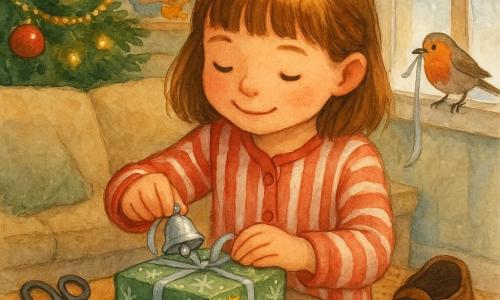 Una bambina di 6 anni, gioiosa e concentrata, capelli castano chiaro con frangia, avvolge con cura un regalo su un tavolino; indossa un pigiama a righe rosse e bianche, ha guance rosee e uno sguardo dolce, mentre posa un campanellino d'argento su carta regalo verde a fiocchi bianchi. Un piccolo pettirosso dalle piume arancioni è sul davanzale, curioso con un nastro argentato nel becco. Sullo sfondo la madre (circa 30–35 anni), figura sfocata vicino alla cucina che prepara scorze d'arancia, emana calma e calore. Il salotto invernale è accogliente: tappeto lavorato, divano beige, grande albero di Natale decorato con palline rosse, luci gialle e ghirlanda dorata, finestra ghiacciata con neve che cade. Sul tavolo: forbicine a punte arrotondate, stelline adesive dorate, pezzo di nastrino rosso, una mini pinza verde, due biscotti avvolti e una grande scarpa usata come nascondiglio. La scena principale mostra la bambina che sistema un pacchetto un po' storta aggiungendo stelle dorate e un nastro argentato, esprimendo pazienza e tenerezza in un'atmosfera intima e natalizia.