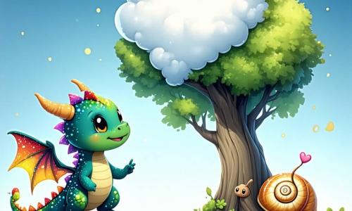 Lumo, un piccolo drago arcobaleno sorridente con ali come zucchero filato, indica il cielo verso una nuvola a forma di cuore al tramonto; Cora, una piccola lumaca con conchiglia a spirale pastello, è su una pietra a sinistra, curiosa; sullo sfondo a destra un albero saggio e accogliente; in primo piano una piccola pozza specchio riflette il cielo; la radura è coperta di erba morbida, fiori colorati e farfalle, raggi dorati filtrano tra i rami; atmosfera tenera, calma e piena di meraviglia, palette pastello.