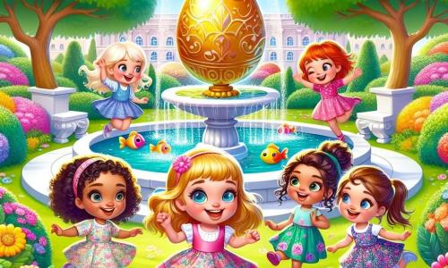 In un grande parco soleggiato, quattro bambine sono riunite. Lalla, una bambina di sei anni con occhi blu scintillanti e capelli biondi, è al centro, sorridente e piena di energia. Alla sua destra c'è Mia, una ragazza dai capelli castani e ricci, che indossa un vestito rosa e guarda Lalla con curiosità. A sinistra, Fanny, una bambina dai capelli castani e lisci, vestita con un abito a fiori, salta di gioia con le braccia alzate. Infine, Zoe, una ragazza dai capelli rossi e intrecciati, è leggermente indietro, con una mappa colorata in mano e un grande sorriso sul volto. Il parco è pieno di fiori dai colori vivaci, alberi maestosi con foglie verdi lussureggianti e una grande fontana al centro, dove pesci colorati nuotano felicemente. I palloncini fluttuano nell'aria, aggiungendo un tocco festoso all'atmosfera. Le quattro amiche sono in cerca di un uovo di Pasqua dorato, che hanno appena scoperto sotto un grande cespuglio fiorito. Lalla indica l'uovo scintillante, mentre le altre si avvicinano con meraviglia, pronte a vivere un'avventura magica.
