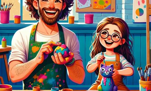 A joyful man, Mr. Leo, with curly hair and a neat beard, smiles broadly while holding a piece of colorful clay in his hands. He wears a paint-splattered apron, and his eyes sparkle with excitement. Next to him, a little girl, Mia, about 7 years old, with long brown hair and round glasses, gazes in wonder at a clay cat she just created. She sits on a chair, her hands covered in colors, and her face radiates happiness. The scene takes place in a bright art studio filled with large windows letting in sunlight. Colorful paint pots, brushes, and sheets of paper are scattered across a large wooden table. Colorful artworks decorate the walls, creating a creative and joyful atmosphere. Mr. Leo and Mia are having fun shaping clay animals, laughing together as they mix colors and bring their creations to life.
