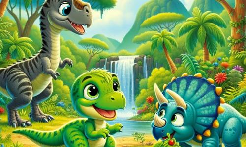 Un velociraptor di nome Rocco, con piume verdi brillanti e occhi pieni di curiosità, si trova gioiosamente ai bordi di una cascata scintillante, schizzando acqua con le sue zampe. Accanto a lui, la sua migliore amica Tina, un triceratopo con corna dorate e pelle grigia, sorride guardando Rocco mentre tiene un frutto colorato nella sua zampa. Leo, un brontosauro dal lungo collo blu, si china per bere acqua, i suoi grandi occhi pieni di meraviglia. Sullo sfondo si estende una giungla lussureggiante, con alberi giganti dalle foglie verdi brillanti, fiori dai colori vivaci e un cielo blu punteggiato di nuvole soffici. La scena cattura il momento felice in cui Rocco e i suoi amici si divertono a esplorare il loro nuovo ambiente, ridendo e giocando vicino alla cascata, circondati dalla bellezza della natura.