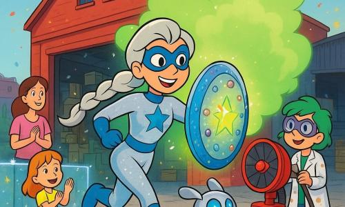 A smiling, determined silver‑haired superheroine in a blue mask and sparkling silver‑and‑blue suit charges toward a large green mist bubble she’s forming with a gem‑studded round shield that sparks; an 11‑year‑old inventor girl with short green hair, purple goggles and a paint‑stained coat stands slightly behind, powering a huge red makeshift fan by a van; a round silver robot dog named Sparky with blue LED eyes holds a star‑tipped stick and leaps to pierce the bubble; a 6‑year‑old in a yellow dress claps holding her mother’s hand from behind a shimmering light barrier; scene set before an old red candy factory with open rusty doors, shiny machines and stacked boxes, cobbled street and blue sky, confetti and glitter falling — a colorful, dynamic moment as the heroine forms the glowing green fog while the inventor blows and the robot prepares to pop it, crowd reassured behind the barrier.