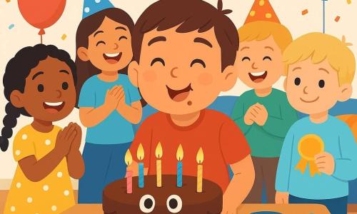 An 8-year-old boy with a round face, short brown hair, sparkling eyes and chocolate smudges on his lips, joyful and amazed, blows out seven candles on a round chocolate cake with a big smile while holding a slightly tilted starry notebook in his left hand; Mina, about 8, with black braided hair and a yellow polka-dot dress, applauds enthusiastically to his left near the table; Theo, about 8, with blond locks and a shy smile, holds a paper medal to the boy’s right slightly back; twins Nora and Noam, about 8, wearing matching party hats, laugh and point at the cake from the background near the sofa; bright, colorful living room with rocket plates, star cups, multicolor garlands, floating balloons, a patterned sofa with cushions and crumpled wrapping paper on the floor; main focus close-up of the chocolate cake with candy eyes and a licorice smile, seven lit candles casting a warm glow, children singing and clapping, confetti in the air, centered composition, vivid contrast palette, simple shapes and clear, readable festive expressions