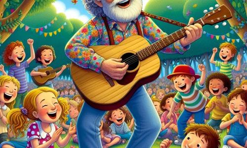 In the center of the image, a man named Mr. Melody, in his forties with curly hair and a light beard, is joyfully smiling. He wears a colorful floral-patterned shirt and jeans, holding a wooden guitar in his hands. His face radiates emotion and happiness as he sings softly, surrounded by children. Among the children, a little girl with pigtails, about 7 years old, dances enthusiastically in a pink polka dot dress and shiny shoes. Next to her, an 8-year-old boy in a red cap claps his hands in rhythm, his face lit up by a big smile. The scene takes place in a green park filled with colorful flowers and majestic trees. The sun shines in a clear blue sky, and birds sing joyfully in the branches. In this illustration, Mr. Melody and the children create music together, laughing and singing a cheerful song, filling the air with happiness and friendship.