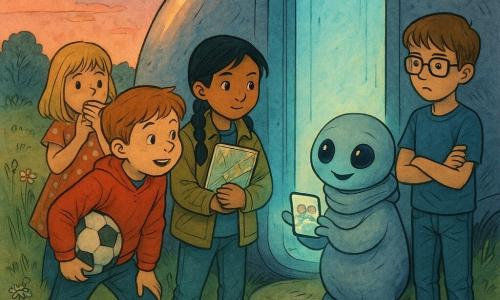 Five characters: four children—Milo, about 9, short light-brown hair, round face with freckles, wearing a red hoodie and holding a soccer ball under his arm, standing front left leaning toward a glowing door; Zara, about 9, olive skin, long black braid, wearing a khaki jacket and clutching a folded glittery card against her chest, center slightly forward looking at the door; Ben, about 10, brown bobbed hair, rectangular glasses, blue tee and jeans, arms crossed and cautious at the right edge of the group glancing toward the exit; Tilly, about 8, blonde with bangs, polka-dot dress, chewing an apple, standing behind Milo with hands clasped and a curious, slightly worried expression—and one small round alien with a soft, scarf-like folded body, round head with two large shiny black eyes and three padded fingers, standing just inside the ramp holding a small glowing screen showing the group and gently inviting them. Setting: a grassy field at dusk with tall green grass, clover and wildflowers, a circular depression holding a smooth silver oval craft whose vertical door emits soft blue-turquoise light onto the children; a dense hedge in the background and a pastel sky with pink clouds. Main situation: the children cautiously climb the ramp of the oval silver ship toward a warm blue-glowing doorway where the small friendly alien gestures with its screen; ink-and-wash style, fine line work, soft washes, strong contrast between the door’s blue light and the warm greens of the field.