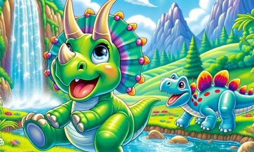 Een blije triceratops genaamd Trixie, met een stralende groene huid en drie grote kleurrijke hoorns, danst enthousiast aan de rand van een schitterende waterval. Haar ogen stralen van blijdschap en een grote glimlach verlicht haar gezicht. Naast haar staat een vriendelijke diplodocus genaamd Dino, met een lange nek en een lichtblauwe huid, die lachend toekijkt, zijn grote poten in het weelderige gras. Iets verderop komt een stegosaurus genaamd Sammy, met kleurrijke platen op zijn rug, huppelend dichterbij, nieuwsgierig naar wat er gebeurt. Op de achtergrond speelt de scène zich af in een groene vallei, omringd door majestueuze bergen, waar kleurrijke bloemen bloeien en de zon schijnt, wat een magische sfeer creëert. Trixie en haar vrienden zijn van plan om samen deze betoverende plek te verkennen, vol opwinding en vreugde.
