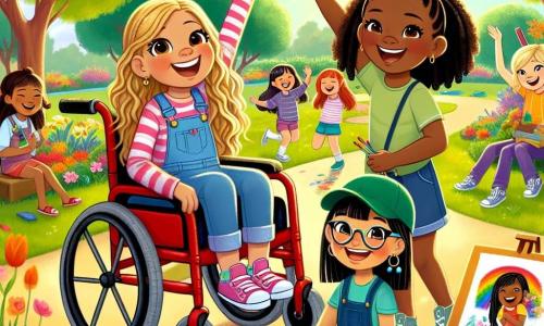 In a sunny park in Willow Creek, four friends stand together, radiating joy. Maya, a 10-year-old girl with long curly hair and caramel skin, sits in her red wheelchair, smiling with sparkling eyes. To her left, Zoe, a 9-year-old girl with blonde pigtails and fair skin, raises her arms in the air, full of energy. On the right, Mia, a 10-year-old girl with brown hair and glasses, holds a colorful paint palette, ready to create a masterpiece. Finally, Ava, a 9-year-old girl with black hair and dark skin, wears a green cap and shows off a drawing she made, proud of her work. The park is filled with colorful flowers, majestic trees, and a bright blue sky, creating a joyful and welcoming atmosphere. The main scene shows the four friends celebrating their "Friendship Day," surrounded by other children playing and laughing. They share stories about the importance of kindness and acceptance, while a bright rainbow appears in the sky, symbolizing unity and diversity.