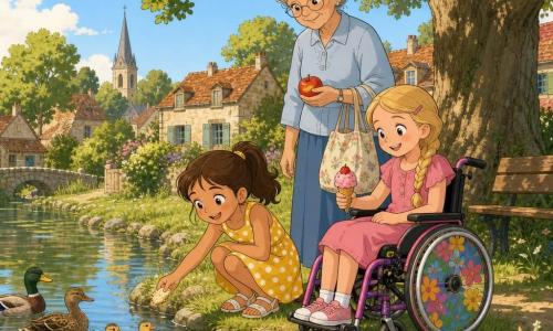 Drie personen: Noor, 7 jaar, bruine paardenstaart, gele zomerkleed met witte stippen, knielt links aan de vijverrand en gooit een stukje brood naar de eendjes; Fleur, 7 jaar, blond gevlochten haar, roze jurk, zit in een gekleurde rolstoel rechts van Noor, houdt een aardbeienijsje en lacht; grootmoeder ~70 jaar, grijs haar in een knot, lichtblauw hemd en rok, staat achter de meisjes met een stoffen tas en een appel, kijkt liefdevol. Locatie: zomer aan een klein dorpsvijvertje met glinsterend water, waterlelies, groene oever met enkele keien, gedeeltelijke schaduw van een grote eik, eenden en kuikens dicht bij de kant, houten bank en dorpshuizen op de achtergrond onder een lichte blauwe lucht. Situatie: de meisjes en hun grootmoeder voeren kuikens—Noor gooit brood, Fleur klapt en lacht, grootmoeder waakt zacht—warme kleuren, gouden namiddagslicht, eenvoudige zachte trekken, veilige gastvrije sfeer.