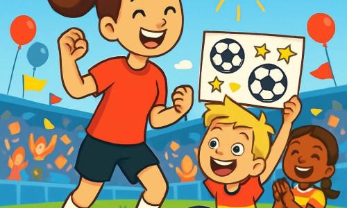 Eine junge Frau, Anna, steht auf einem grünen Fußballfeld, lächelnd und voller Freude, mit braunen Haaren zu einem Pferdeschwanz gebunden. Sie trägt ein leuchtend rotes Fußballtrikot und schwarze Shorts, ihre Augen funkeln vor Aufregung, während sie ein Tor feiert. Neben ihr hält ein etwa 8-jähriger Junge mit blonden Haaren und strahlenden Augen ein selbstgemachtes Schild mit Zeichnungen von Fußbällen und Sternen und schreit vor Glück. Ein weiteres Kind, ein 7-jähriges Mädchen mit Zöpfen und einem strahlenden Lächeln, trägt ein T-Shirt in den Farben der Mannschaft und applaudiert begeistert hinter dem Jungen. Das Feld ist von Tribünen umgeben, die mit fröhlichen Fans gefüllt sind, farbige Fahnen wehen im Wind und Luftballons in allen Farben sind zu sehen. Der Himmel ist blau mit einigen flauschigen weißen Wolken, und die Sonne scheint hell und erleuchtet die Szene. Die Hauptsituation zeigt Anna, die ein Tor feiert, umgeben von ihren jungen Fans, die sie mit Freudenrufen anfeuern, was eine festliche und energiegeladene Atmosphäre schafft.
