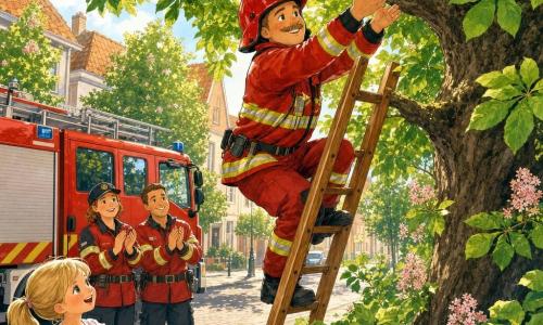 Een glimlachende brandweerman (Bram) met rond warm gezicht, lichte snor, glanzende rode helm en rode jas met reflecterende strepen klimt op een lange gelakte houten ladder om een klein wit gestreept katje (Pluisje) van een tak te pakken. Onderaan, links, staat een 7-jarig meisje met blonde gevlochten staart en pastelbloemenjurk, handen tegen haar borst en stralende ogen. Twee collega’s, Sanne (vrouw, ±30, pet en gele laarzen) en Mo (man, ±35, in uniform), staan bij de rode brandweerwagen op de geplaveide Rozenstraat en klappen zachtjes. Op de achtergrond pastelkleurige huizen en een grote paardenkastanje met groene bladeren en roze bloemen; de scène is zonnig, vrolijk en geruststellend.