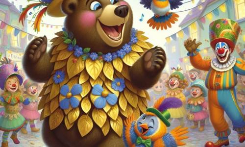 Un grande orso bruno, gioioso e sorridente, indossa un costume colorato fatto di foglie dorate e fiori blu, con un grande cappello decorato da piume rosse. Danza con entusiasmo in mezzo a una festa di carnevale, con gli occhi scintillanti di felicità. Accanto a lui, un uccellino colorato con piume vivaci, con un'espressione incoraggiante, vola attorno all'orso, cantando gioiosamente e spronandolo a divertirsi di più. Un gruppo di clown, con volti dipinti e costumi sgargianti, si diverte sullo sfondo, facendo smorfie e giocolando con palloni. Il luogo è una strada animata del villaggio, decorata con ghirlande colorate, lanterne scintillanti e coriandoli che fluttuano nell'aria, mentre i bambini ridono e applaudono attorno agli artisti. La situazione principale mostra l'orso che, dopo aver recuperato il suo cappello rubato, danza con entusiasmo in mezzo alla festa, circondato dai suoi amici animali, celebrando la magia del carnevale e l'amicizia.