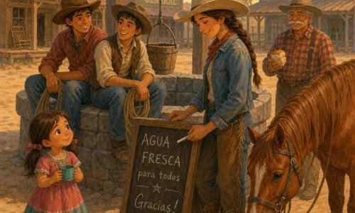 Una vaquera sonriente y serena, trenza castaña, sombrero ancho beige, chaqueta vaquera algo polvorienta y botas de cuero gastadas, escribe a mano en un cartel de madera junto al pozo; a su lado está Nube, un caballo alazán de pelaje brillante y crines alborotadas, oliendo un cubo de agua; al fondo a la derecha, Don Mateo, hombre de unos 60 años con rostro arrugado, bigote gris y camisa de cuadros, sonríe sosteniendo un trozo de pan; delante del pozo a la izquierda, una niña de unos 8 años con coletas y vestido colorido sostiene una tacita, asombrada; dos jóvenes (unos 18 y 16 años) con cuerdas, sentados en el borde del pozo, conversan y miran a la vaquera; escena en la plaza central de un pueblo western polvoriento con casas de madera de colores desvaídos, pozo de piedra y cubo de madera, carteles colgando, banderines y macetas en los porches, luz cálida de tarde, ambiente acogedor y manchas de gouache con texturas de pincel.