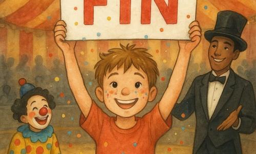 Un niño de 10 años, pelo castaño claro despeinado, rostro redondo con pecas de confeti multicolor, sonrisa radiante, sostiene en alto una gran pancarta blanca donde pone FIN con letras rojas gruesas; detrás a la derecha un mago adulto elegante con frac y sombrero de copa, mano alzada como tras un truco y sonrisa cómplice; a la izquierda en segundo plano un payaso adulto arrodillado riendo con un cubo volcado lleno de confeti; pista de circo con lona grande a rayas rojas y crema, gradas de madera oscuras llenas de siluetas difuminadas aplaudiendo, focos amarillos cálidos y guirnaldas de luces; copos de confeti multicolor caen alrededor con leves destellos blancos tipo bolígrafo de gel; ambiente de triunfo alegre, colores saturados, texturas acuarela suaves y contornos contrastados con gel blanco.