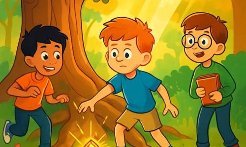 Er zijn 3 personages: - Lucas: een 10-jarig jongen met felrood haar, in een blauwe t-shirt en beige shorts. Hij staat in het midden en kijkt vastberaden naar de grote eik. - Amir: een 11-jarig jongen, behendig en glimlachend, met zwart haar en sprankelende ogen. Hij staat iets naar links, klaar om te springen met een glinstering van opwinding in zijn ogen. - Tijn: een 10-jarig jongen met ronde bril en kastanjebruin haar, die een boek onder zijn arm houdt. Hij staat rechts en kijkt nieuwsgierig en verwonderd naar de scène. De locatie is de Fluisterende Vallei, een magische vallei verlicht door gouden licht, omringd door grote bomen met knoestige stammen en glanzende bladeren. In het midden staat een enorme eik met kronkelige wortels majestueus, terwijl kleurrijke bloemen en fonkelende kristallen de groene grond bedekken. De belangrijkste situatie toont de drie jongens die de magische amulet ontdekken die onder de wortels van de eik schittert. Lucas steekt, met een vastberaden blik, zijn hand uit naar de amulet, terwijl Amir en Tijn opgewonden en verwonderd naar elkaar kijken. De scène is gevuld met magie en avontuur, met stralen licht die door de bladeren filteren en een betoverende sfeer creëren.