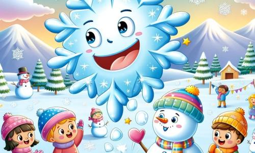 Un bonito copo de nieve llamado Nieve, dulce y brillante, flota en el aire con una gran sonrisa, creando formas de nieve en el suelo. Junto a él, un pequeño muñeco de nieve llamado Frío, con un sombrero y bufanda colorida y ojos de botones, aplaude con entusiasmo, su rostro radiante de alegría. El escenario es un paisaje invernal encantador, con árboles cubiertos de nieve brillante, un cielo azul claro y niños jugando alegremente al fondo, construyendo muñecos de nieve y lanzando bolas de nieve. La escena principal muestra a Nieve creando un gran corazón en la nieve, rodeado de estrellas y copos de nieve, mientras los niños se acercan, maravillados por su belleza invernal.