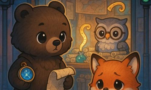 Gran oso marrón antropomórfico estilo chibi, pelaje oscuro y suave, ojos grandes y expresivos, postura calmada y decidida, sostiene una brújula brillante sin aguja en una pata y un rollo de mapa parcialmente desenrollado en la otra, delante de la puerta de 