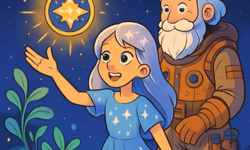 Elara, a young woman with shimmering silver hair, stands in awe before a magnificent celestial amulet. Her eyes shine with excitement and determination, and she wears a light dress adorned with star patterns that float around her. Beside her, Captain Orion, an older man with a long silver beard and sparkling wise eyes, observes the amulet with an admiring smile. He is dressed in a worn spacesuit filled with pockets and tools, standing slightly back, ready to support Elara. The setting is a bright asteroid, with phosphorescent plants gently swaying in a cosmic breeze. The ground is dotted with sparkling crystals reflecting the light of surrounding stars, creating a magical atmosphere. The main scene shows Elara reaching out towards the amulet, surrounded by a shimmering aura of light, while shooting stars cross the sky in the background, adding a touch of mystery and adventure.