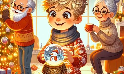 Ein 5-jähriger Junge namens Felix mit zerzausten blonden Haaren und einem breiten Lächeln hält eine wunderschöne Schneekugel in seinen kleinen Händen. Seine Augen strahlen vor Staunen und Aufregung, während er im Mittelpunkt der Szene steht, umgeben von goldenem Licht. Rechts von ihm steht seine Großmutter, eine etwa 70-jährige Frau mit grauen Haaren im Dutt und runden Brillen, die Felix liebevoll anlächelt und eine Tasse heiße Schokolade hält. Sie trägt einen roten Pullover mit Schneeflockenmustern und steht neben einem Kamin, der mit Lichtern geschmückt ist. Links steht sein Großvater, ein etwa 75-jähriger Mann mit weißem Bart und einer Weihnachtsmütze, der einen großen Weihnachtsbaum mit bunten Kugeln und glitzernden Girlanden dekoriert. Er beugt sich leicht, um einen goldenen Stern an die Spitze des Baumes zu setzen. Die Szene spielt in einem gemütlichen Wohnzimmer, das mit Weihnachtsdekorationen geschmückt ist: funkelnde Lichter, Strümpfe am Kamin und ein weicher Teppich, der mit Kunstschnee bedeckt ist. Große Fenster bieten einen Blick auf eine winterliche Landschaft mit sanft fallenden Schneeflocken draußen. Felix, verzaubert von der Magie des Schnees und dem Geist von Weihnachten, entdeckt die Schönheit des Familienlebens und die Freude, kostbare Momente mit seinen Lieben zu teilen.