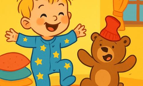 Een 2-jarig jongetje met rommelig blond haar en sprankelende ogen danst vrolijk in zijn kamer. Hij draagt een blauwe pyjama met sterren en een grote glimlach, die zijn vreugde en plezier toont. Naast hem staat zijn knuffel, een beer genaamd Bo, met een komische uitdrukking en een rode sok op zijn hoofd, die het jongetje imiteert terwijl hij onhandig danst. De kamer is gevuld met levendige kleuren, met gele muren en speelgoed verspreid over de vloer, wat een speelse en warme sfeer creëert. Zachte kussens zijn opgestapeld in een hoek, en een zachte, gedimde verlichting verlicht de scène, wat een magische touch toevoegt. De hoofdscène toont het jongetje en zijn beer die een grappige dans doen, omringd door lachen en geluk, terwijl ze plezier hebben voordat ze naar bed gaan.