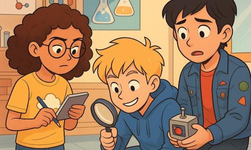 Er zijn 3 personages: - Noor: een 12-jarig meisje met bruin, krullend haar, een bril met ronde glazen en een gele t-shirt met een wolkafbeelding. Ze staat rechtop, met een klein notitieboekje in de ene hand en een pen in de andere, met een geconcentreerde blik. - Sam: een 12-jarige jongen met blond, messy haar en een ondeugende glimlach. Hij draagt een blauwe hoodie en een gescheurde spijkerbroek. Hij zit naast Noor op de grond en onderzoekt een vingerafdruk op de tafel met een vergrootglas. - Raj: een 12-jarige jongen met zwart, steil haar, die een oude spijkerjack met kleurrijke patches draagt. Hij zit op een kruk, ziet er bezorgd uit en houdt de mini-Luchtwaker in zijn handen. De setting is een natuurkundelokaal, waar houten tafels vol staan met wetenschappelijk materiaal. Gekleurde proefbuizen staan op planken en posters van moleculen en experimenten hangen aan de muren. Het zonlicht valt door een raam en verlicht het stof in de lucht. De hoofdsetting toont Noor en Sam die het verdwijnen van hun wetenschappelijk project, de mini-Luchtwaker, onderzoeken. Ze bekijken de tafel aandachtig op zoek naar aanwijzingen, terwijl Raj, zichtbaar nerveus, uitlegt waarom hij het apparaat heeft genomen. De sfeer is gespannen maar vol nieuwsgierigheid, met mysterieuze elementen om hen heen.