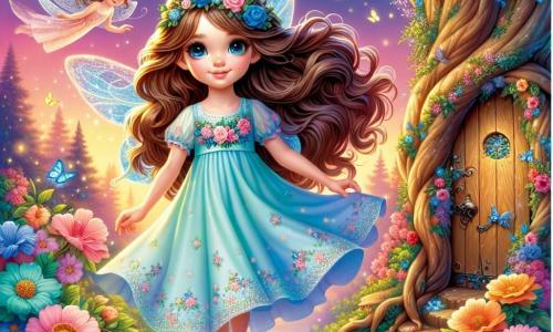Una giovane ragazza di nome Lilia, di circa 10 anni, con lunghi capelli ondulati color castagna, indossa un leggero vestito di cotone azzurro decorato con fiori. Il suo viso irradia curiosità e meraviglia, e i suoi grandi occhi brillanti riflettono la magia del mondo che la circonda. Si trova davanti a una piccola porta di legno ornata di rose blu, pronta a entrare in un mondo incantato. Accanto a lei, una delicata fatina di circa 8 anni, con ali scintillanti e capelli a ragnatela, sorride calorosamente. Fluttua leggermente sopra il suolo, circondata da piccole lucciole dorate che danzano attorno a lei. Lo scenario è un giardino fiabesco, con alberi immensi dai tronchi contorti, fiori vivaci e un cielo sfumato di rosa e arancione, illuminato da un sole dorato. Farfalle multicolori volano intorno, aggiungendo all'atmosfera magica. La scena principale mostra Lilia, meravigliata, pronta ad aprire la porta misteriosa che conduce a un regno incantato, mentre la fatina la incoraggia con un sorriso complice, creando un'atmosfera di avventura e scoperta.