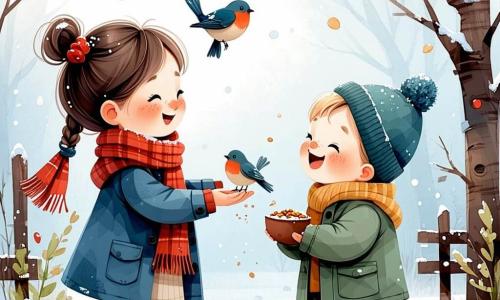 En un jardín nevado, dos niños están alimentando a los pájaros. Lola, una niña de 7 años con cabello castaño y trenzas, lleva una bufanda roja y un abrigo azul. Ella está a la izquierda, extendiendo una mano llena de semillas hacia un pequeño pájaro. Tomi, un niño de 6 años con cabello rubio y un gorro verde, está a la derecha, riendo y sosteniendo una pequeña caja de semillas. El jardín está cubierto de una gruesa capa de nieve brillante bajo el sol de invierno, con árboles cuyas ramas están cargadas de copos blancos. Al fondo, se ve una casa acogedora con luces de colores brillando en las ventanas. La escena muestra la alegría del invierno, con pájaros volando alrededor de los niños, creando una atmósfera mágica y festiva.
