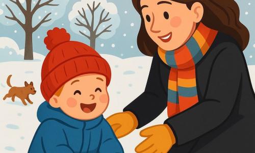 Un niño pequeño de 2 años, con mejillas rosadas y ojos brillantes, está sentado en la nieve, riendo con asombro. Lleva un abrigo azul grande, un gorro rojo con un pompón y guantes amarillos que parecen demasiado grandes para sus pequeñas manos. A su lado, su madre, una mujer de unos treinta años, sonriente y cálida, lo observa mientras lo protege del frío, vestida con un abrigo negro largo y una bufanda colorida. El escenario es un parque invernal, con árboles desnudos cubiertos de nieve brillante, un cielo gris suave y copos de nieve que caen lentamente. En la distancia, se ve un perro de pelaje marrón, corriendo alegremente en la nieve. La situación principal muestra al niño tocando la nieve, con los ojos brillantes de curiosidad y alegría, mientras su madre sopla suavemente en sus manos para calentarlas.