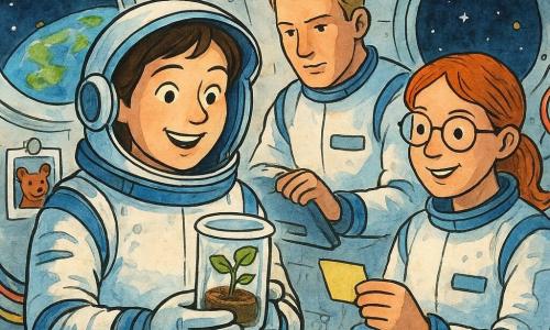 Eine lächelnde, staunende Astronautin in weißem Raumanzug mit blauen Akzenten und metallischem Schimmer, kurzes braunes Haar unter halb geöffnetem Helm, hält behutsam einen kleinen durchsichtigen Topf mit einer zarten grünen Pflanze; ein etwa 35-jähriger männlicher Kollege mit kurzen blonden Haaren steht leicht hinten rechts und justiert ein Bedientablet, eine etwa 32-jährige Kollegin mit runden Brillen und roten Haaren lacht leise und reicht links eine selbstklebende Etikette; der Hund Lupo fehlt physisch, seine kleine Magnetfoto ist an einem Panel befestigt; helle Innenraumkulisse einer Raumstation mit gebogenen Metallwänden, bunten Kabeln, runden Bullaugen mit Blick auf die blaue Erde und Sterne, schwebende Kleinteile — kooperative, wissenschaftliche und warme Atmosphäre.