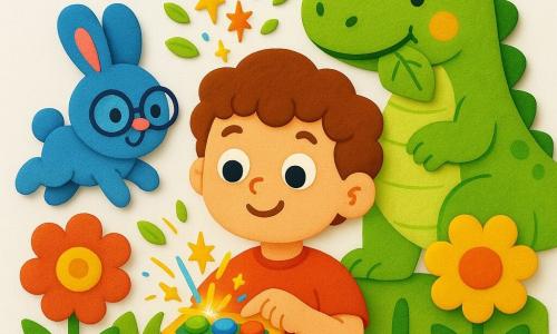 Un bambino di 4 anni, Leo, viso rotondo, capelli ricci castani, occhi grandi e curiosi, sorriso stupito, tiene una piccola scatola colorata con pulsanti luminosi verdi, blu e rossi; a sinistra un coniglio blu con occhiali rotondi e pelo vellutato lo guarda saltellando; dietro a destra un dinosauro verde, grande ma dalle forme arrotondate, mangia una foglia e sorride con aria amichevole; lo scenario è una prateria molto verde con erbe alte a fasce, fiori giganti rossi e gialli e cielo azzurro con nuvole soffici; Leo preme un pulsante e scintille colorate e foglie fluttuanti creano un'atmosfera di viaggio nel tempo; stile visivo: adesivi/gommette spessi, contorni netti, texture in schiuma EVA visibili, colori vivaci e contrastati, illuminazione calda e soffusa.