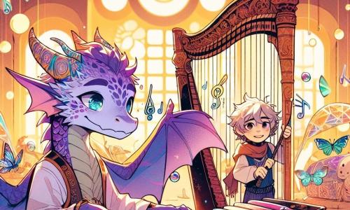 Lian, een jonge draak met glinsterende paarse schubben, staat in het midden van het podium, zijn ogen stralend van opwinding en zenuwen. Hij speelt met passie op zijn glasharp, een instrument van glas met golvende vormen, terwijl kleurrijke muzieknoten uit zijn handen ontsnappen. Aan zijn rechterkant observeert Bram, een jongen met grijze vlinder vleugels, vol bewondering. Zijn gezicht is verlicht door een verlegen glimlach en hij houdt een kristallen xylofoon vast, klaar om te spelen. De scène speelt zich af in een lichte muziekzaal, vol ronde ramen die het gouden zonlicht binnenlaten. Diverse instrumenten liggen verspreid, wat een vrolijke en creatieve sfeer creëert. Lian en Bram werken samen om een harmonieuze melodie te creëren, hun klanken vermengen zich in een kleurrijke muzikale dans, wat de eenheid van hun verschillen symboliseert.