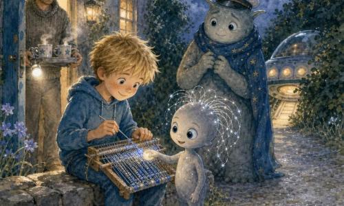 An 8-year-old boy, Tommy, freckled with tousled blond hair, a focused smile and amazed eyes, sits on a low stone wall holding a small loom, stringing blue and silver beads with precise fingers; a tiny alien named Pip, smooth stone-colored body, big round eyes and a halo of silver threads, stands beside him, joyfully touching a row of beads that glow on contact; Captain Luma, a larger creature with a captain's hat and a starry scarf, stands slightly back near a small ship tucked in the hedge, watching with a benevolent, slightly worried expression; Tommy's father, a warm 35–40-year-old, holds a flashlight and a tray of steaming cups on the threshold of a cottage with a blue door, softly backlighting the scene; a moonlit country lane of silver gravel and green hedges with dewy grass and a luminous saucer partly hidden in the leaves to the right frames the main moment: Tommy and Pip making a friendship bracelet under a soft round moon, beads changing color on contact, warm cottage light behind, calm, magical, reassuring atmosphere in a soft watercolor palette of midnight blues, moss greens and sparkling silver highlights.