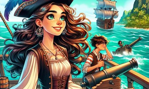 Uma jovem pirata, Valentina, se destaca orgulhosamente no convés de seu navio, o Coração do Oceano. Ela tem longos cabelos ondulados, brilhantes como as ondas ao sol, e usa um chapéu de pirata enfeitado com penas coloridas. Seu rosto expressa determinação e empolgação, com um grande sorriso que ilumina seus olhos brilhantes. Ao seu lado, Tomás, um garoto de cerca de 12 anos, é o navegador. Ele tem cabelos castanhos bagunçados e usa uma camisa listrada, observando o horizonte com um telescópio, com uma expressão concentrada e curiosa. Lúcia, uma menina destemida de 11 anos, está perto dos canhões, pronta para defender o navio. Ela tem cabelos curtos e usa um colete de couro, exibindo uma expressão de bravura. O navio navega em um mar turquesa, sob um céu azul pontilhado de nuvens brancas e fofas. Ao fundo, uma ilha misteriosa aparece, coberta de palmeiras verdes e rochas íngremes. A cena principal mostra Valentina e sua tripulação em plena aventura, prontos para enfrentar uma tempestade que se aproxima, com ondas se elevando ao redor deles, criando uma atmosfera de tensão e empolgação.