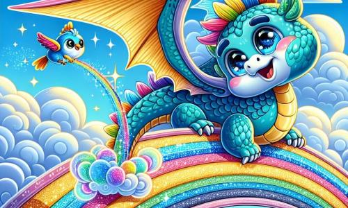 Un dragón con escamas brillantes de colores arcoíris, grandes ojos chispeantes de curiosidad y una amplia sonrisa, se encuentra al borde de un puente de nubes esponjosas, listo para lanzarse al aire. Cerca, un pequeño pájaro azul con plumas brillantes y ojos redondos lo mira con admiración, con las alas ligeramente desplegadas, como si estuviera listo para animarlo. El lugar es un hermoso cielo azul salpicado de nubes algodonosas, donde el sol brilla intensamente, iluminando el puente de nubes que brilla como un arcoíris. La situación principal muestra al dragón despegando, utilizando una cometa colorida atada a su cola para deslizarse con gracia por el puente, desafiando los vientos que intentan empujarlo.