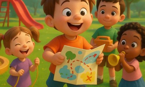 A joyful, determined 4-year-old boy with round cheeks and tousled hair wearing one shoe and a crumpled sock-slipper holds a colorful map flapping in the wind; Nia, a smiling 4-year-old with pigtails, laughs with a jump rope at his left; Ben, a serious-but-amused 4-year-old with short hair, stands behind with a snack box; Lulu, a mischievous 4-year-old with curly hair, blows a small plastic trumpet at the group's right; in Sunny Park — shiny green lawn, golden sandbox, large red slide, small pond with water lilies and a few round-leaved trees — the children examine a hand-drawn map with red arrows, ready to search for a lost shoe, with laughing expressions, dynamic poses, soft late-afternoon light, bright colors and smooth 3D animation-style textures.