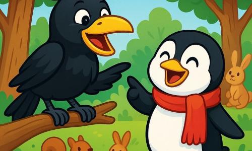 A raven named Cosmo, with shiny black feathers and mischievous sparkling eyes, is perched on a tree branch, laughing joyfully. Next to him is a penguin named Perry, wearing a bright red scarf, standing on his little webbed feet with a big smile on his face, pretending to take photos with his flippers. The scene takes place in a sunny forest filled with vibrant green trees, colorful flowers, and funny-shaped mushrooms, creating a cheerful and playful atmosphere. Cosmo enthusiastically announces the start of the obstacle course, while other animals, like squirrels and rabbits, gather around, ready to join in this fun and laughter-filled adventure.