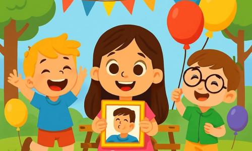 There are 3 characters: - Lily: a 6-year-old girl with long brown hair and sparkling eyes. She wears a pink dress with white polka dots and holds a shiny frame with a photo inside. She stands in the center, smiling and full of enthusiasm. - Max: a 6-year-old boy with messy blonde hair and a big smile. He wears a blue t-shirt and red shorts. He is to the left of Lily, jumping for joy with his arms raised. - Ben: a 6-year-old boy with brown hair and round glasses. He wears a green shirt and beige pants. He is to the right of Lily, holding colorful balloons and laughing happily. The main setting is a sunny park filled with colorful flowers and tall green trees. Balloons float in the air, and paper garlands decorate the picnic tables. In the background, there is a light blue sky with a few fluffy white clouds. The main situation shows the three friends celebrating Father's Day. They are surrounded by festive decorations, ready to surprise Lily's dad with a shiny frame containing a special photo. The children's faces are filled with joy and excitement, creating a warm and cheerful atmosphere.