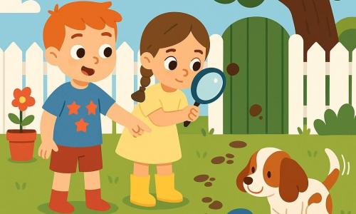 Three characters in a sunny suburban garden: a 6-year-old girl with brown pigtails in a pale yellow dress and yellow boots holds a round magnifying glass at the center near the garden fence; a 5-year-old redheaded boy in a blue t‑shirt with red stars and red socks points to small muddy round footprints left to the girl's left; and a small white-and-brown spaniel sits to the girl's right wagging its tail and sniffing a small blue hat on the grass; bright colors, simple shapes, playful curious atmosphere, white wooden fence with a green gate, muddy puddles, red flowerpot, orange swing, and an old oak in the background.